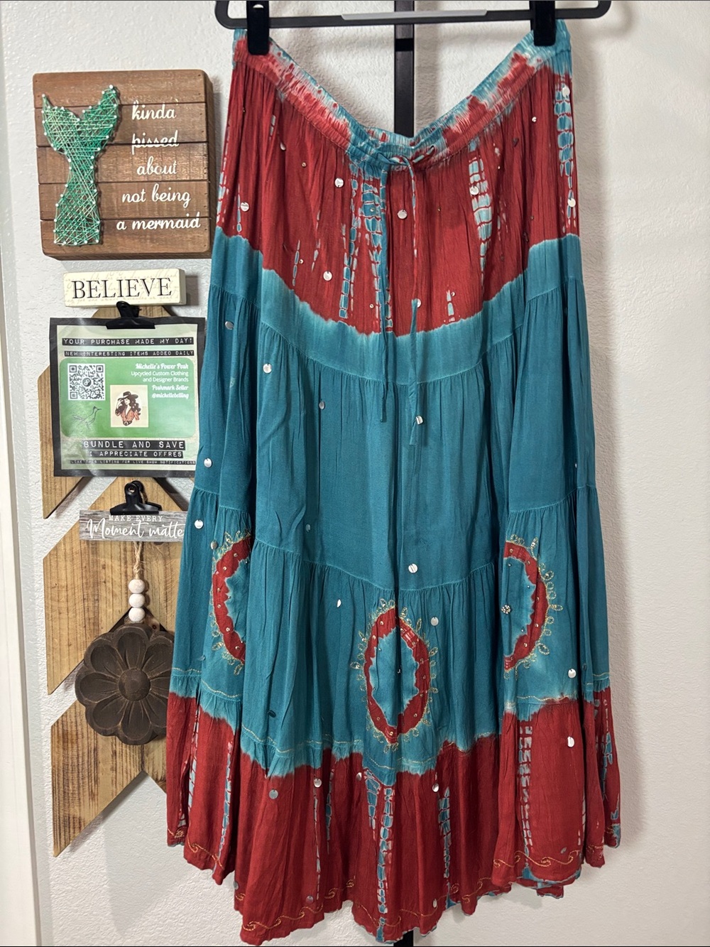 Bohemian Maxi Skirt in Teal and Rust 
w17-22 drawstring L36